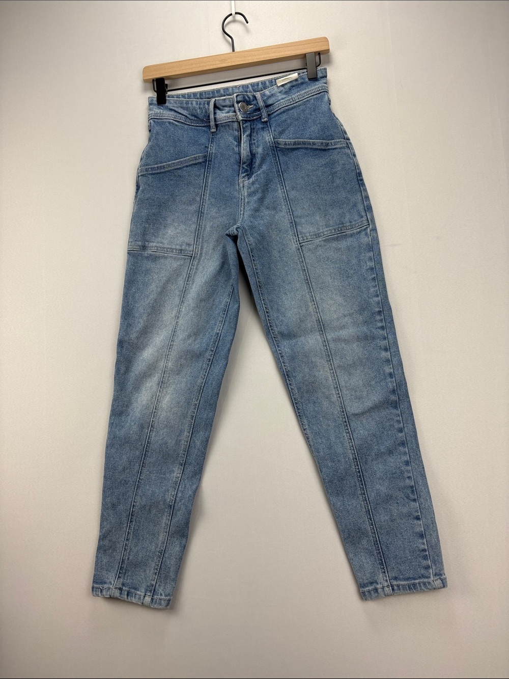 High-Rise Washed Blue Women's Jeans with Vertical Paneling